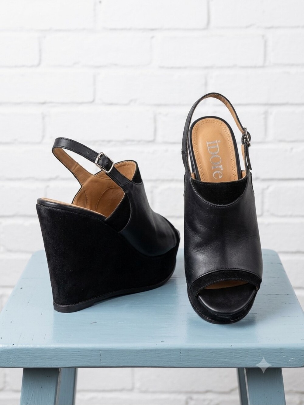 Idore Black Leather Peep-Toe Wedge Sandals